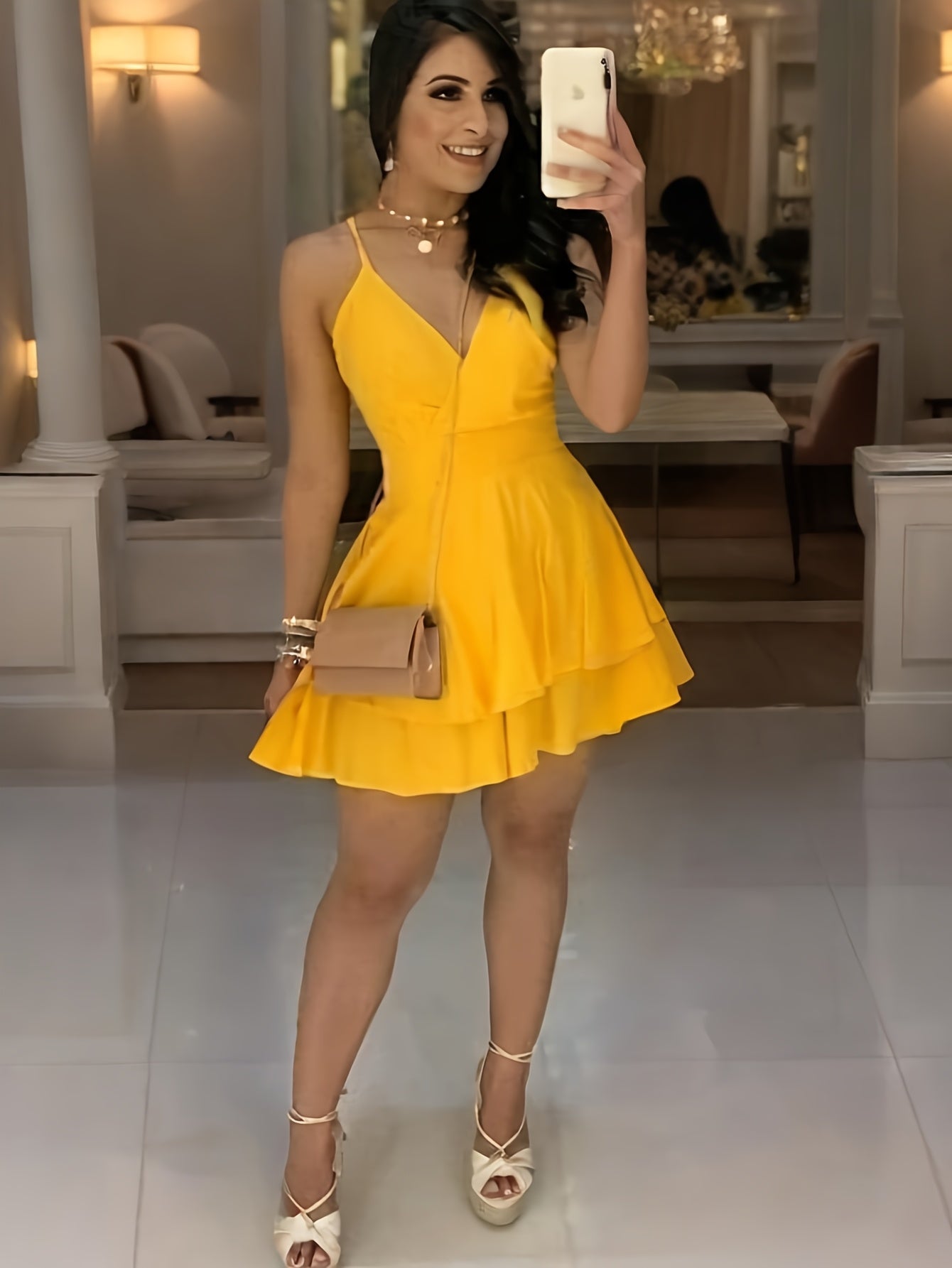 Elegant Women's Sleeveless V-Neck Dress in Solid Color Yellow - Sexy Backless Design with Tie Waist, Polyester & Spandex Blend, Perfect for Spring/Summer/Fall Events